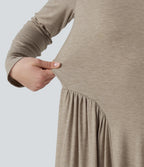 Round Neck Long Sleeve A-Line Work Maxi Dress with Pockets — Khaki Floral Yarn — view 5