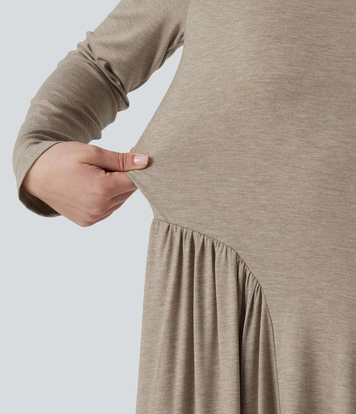 Round Neck Long Sleeve A-Line Work Maxi Dress with Pockets — Khaki Floral Yarn — view 5