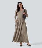 Round Neck Long Sleeve A-Line Work Maxi Dress with Pockets — Khaki Floral Yarn — view 6