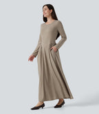 Round Neck Long Sleeve A-Line Work Maxi Dress with Pockets — Khaki Floral Yarn — view 3