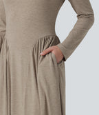 Round Neck Long Sleeve A-Line Work Maxi Dress with Pockets — Khaki Floral Yarn — view 4
