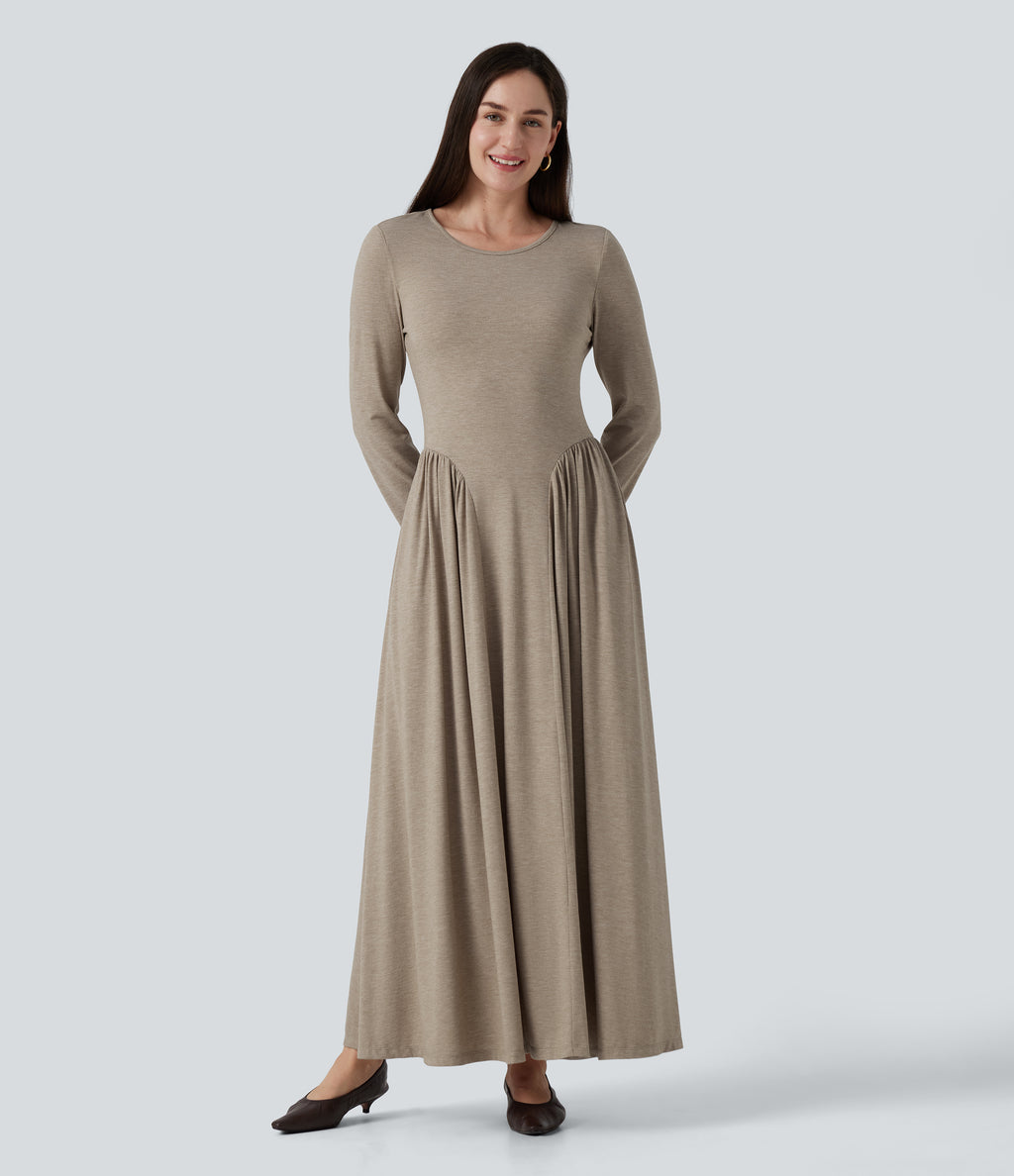 Round Neck Long Sleeve A-Line Work Maxi Dress with Pockets — Khaki Floral Yarn — view 1