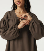 V Neck Dropped Long Sleeve Tie Front Casual Blouse — Cub — view 5