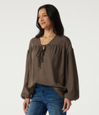 V Neck Dropped Long Sleeve Tie Front Casual Blouse — Cub — view 3