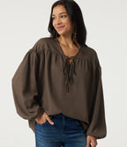 V Neck Dropped Long Sleeve Tie Front Casual Blouse — Cub — view 1