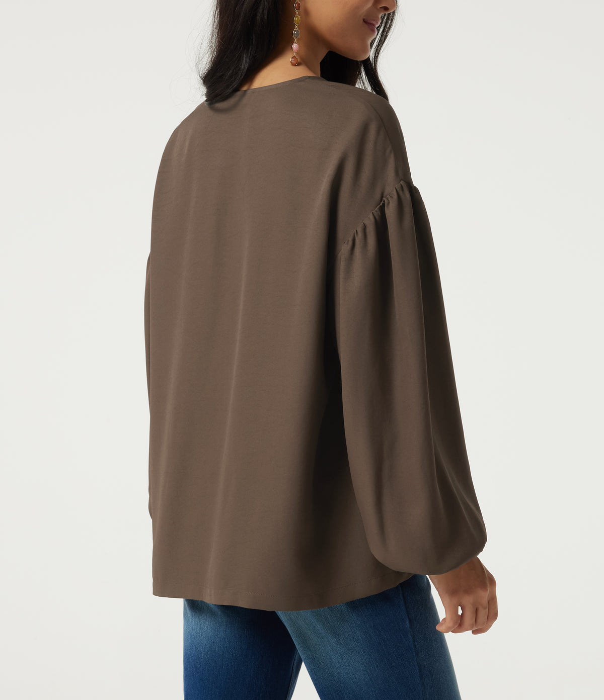 V Neck Dropped Long Sleeve Tie Front Casual Blouse — Cub — view 6