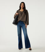 V Neck Dropped Long Sleeve Tie Front Casual Blouse — Cub — view 7