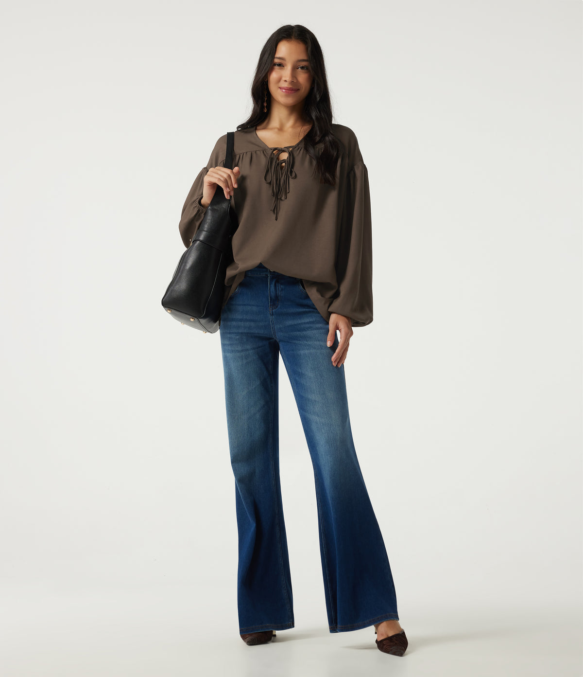 V Neck Dropped Long Sleeve Tie Front Casual Blouse — Cub — view 7