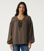V Neck Dropped Long Sleeve Tie Front Casual Blouse — Cub — view 4