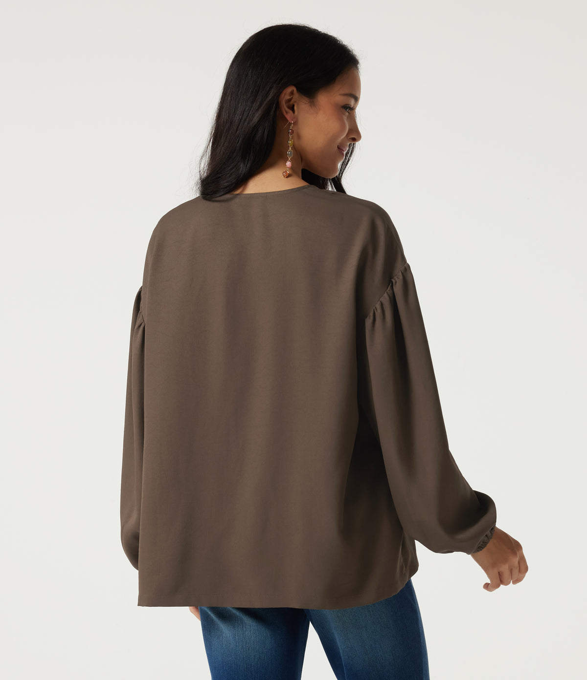V Neck Dropped Long Sleeve Tie Front Casual Blouse — Cub — view 2