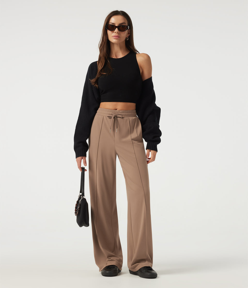 Mid Rise Drawstring Wide Leg Pintuck Leopard Print Side Stripe Casual Trousers with Pockets — Woodsmoke — view 7