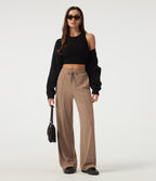 Mid Rise Drawstring Wide Leg Pintuck Leopard Print Side Stripe Casual Trousers with Pockets — Woodsmoke — view 7