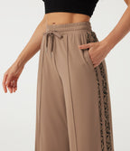 Mid Rise Drawstring Wide Leg Pintuck Leopard Print Side Stripe Casual Trousers with Pockets — Woodsmoke — view 4
