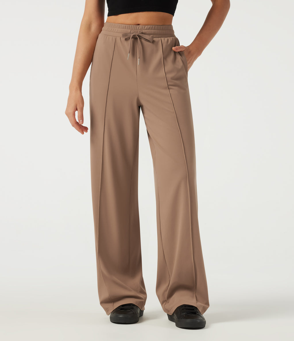 Mid Rise Drawstring Wide Leg Pintuck Leopard Print Side Stripe Casual Trousers with Pockets — Woodsmoke — view 3