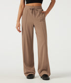 Mid Rise Drawstring Wide Leg Pintuck Leopard Print Side Stripe Casual Trousers with Pockets — Woodsmoke — view 3