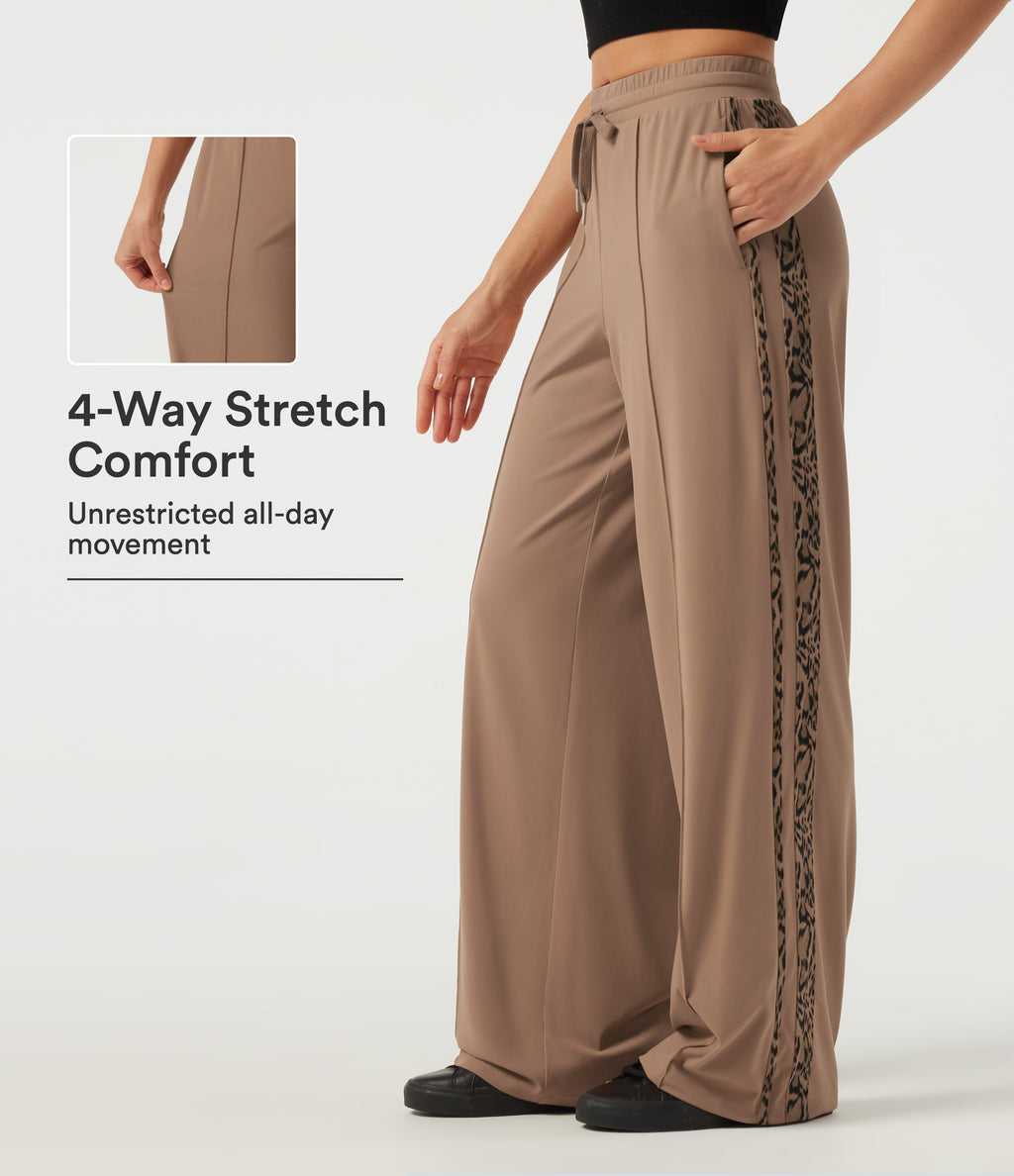 Mid Rise Drawstring Wide Leg Pintuck Leopard Print Side Stripe Casual Trousers with Pockets — Woodsmoke — view 1