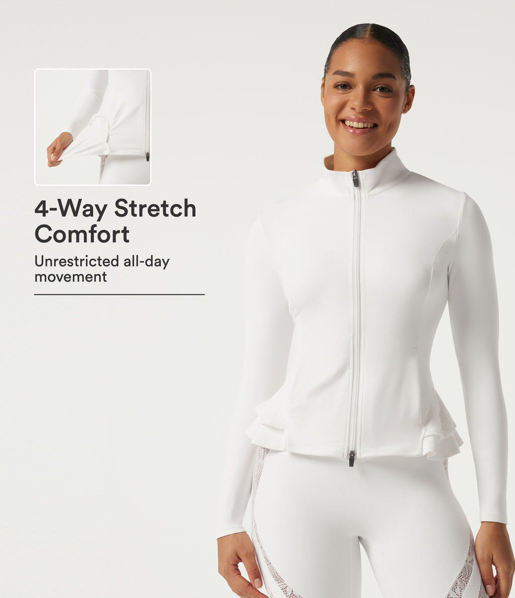 High Neck Contrast Lace Ruffle Hem Yoga Jacket with Pockets — White — view 1