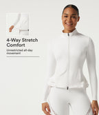 High Neck Contrast Lace Ruffle Hem Yoga Jacket with Pockets — White — view 1