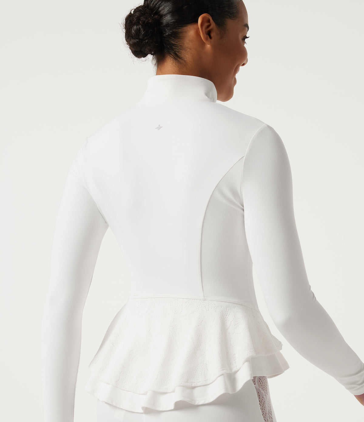 High Neck Contrast Lace Ruffle Hem Yoga Jacket with Pockets — White — view 6
