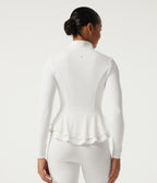 High Neck Contrast Lace Ruffle Hem Yoga Jacket with Pockets — White — view 2