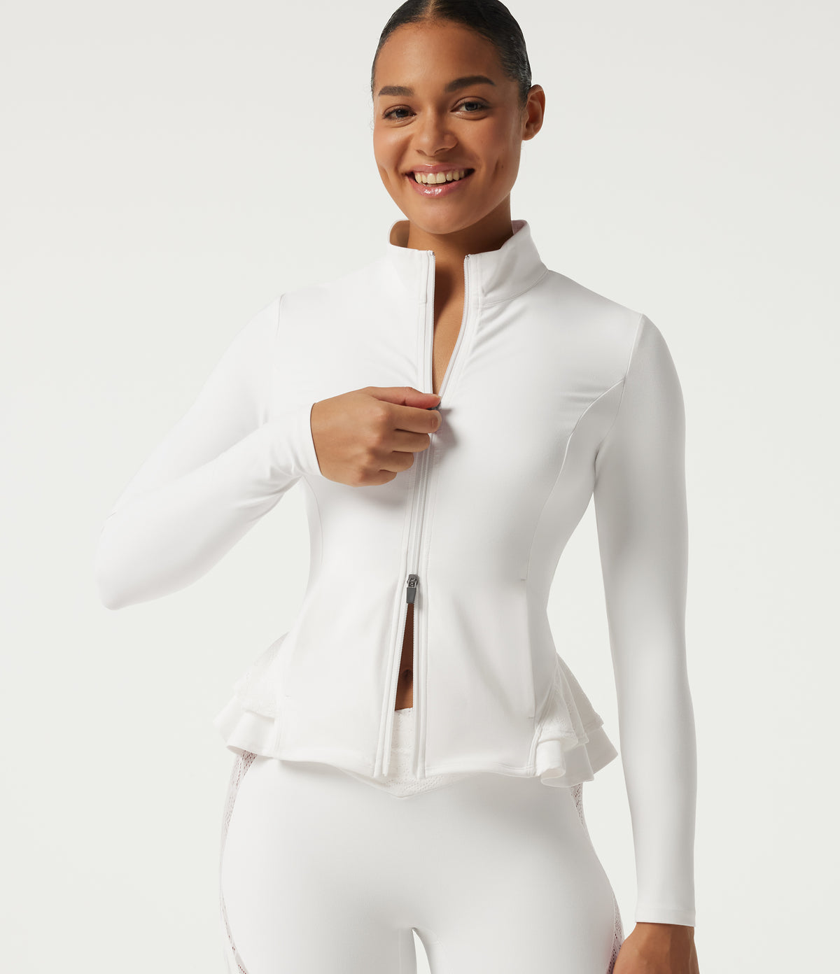 High Neck Contrast Lace Ruffle Hem Yoga Jacket with Pockets — White — view 4