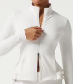 High Neck Contrast Lace Ruffle Hem Yoga Jacket with Pockets — White — view 5