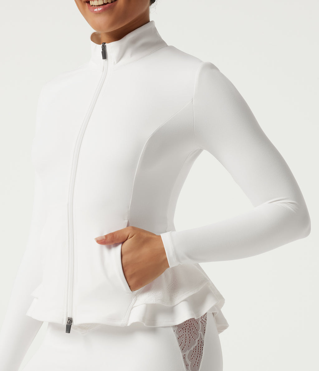 High Neck Contrast Lace Ruffle Hem Yoga Jacket with Pockets — White — view 7