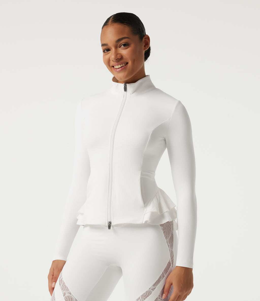 High Neck Contrast Lace Ruffle Hem Yoga Jacket with Pockets — White — view 3