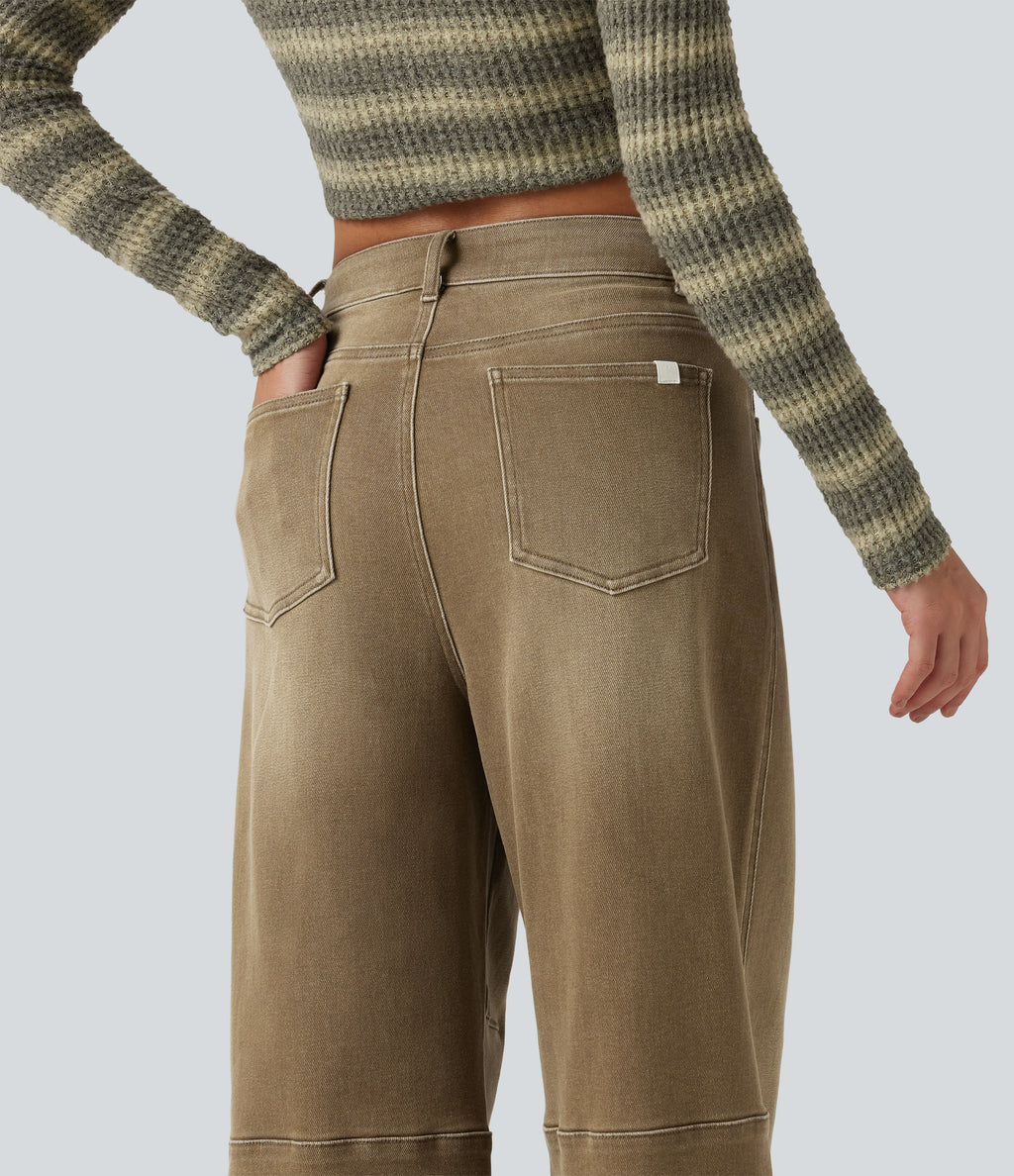 Low Rise Barrel Leg Colorful Casual Jeans with Pockets — Warm Hill Brown — view 5