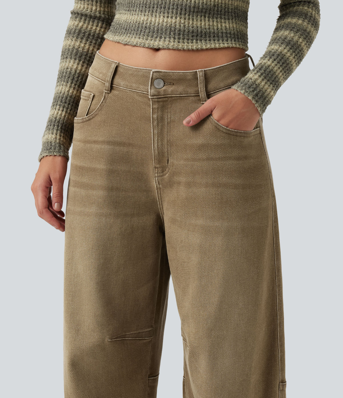 Low Rise Barrel Leg Colorful Casual Jeans with Pockets — Warm Hill Brown — view 4