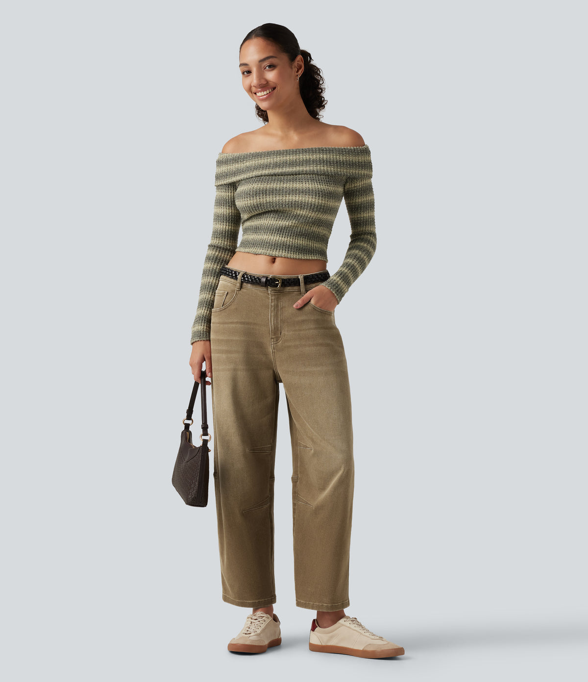 Low Rise Barrel Leg Colorful Casual Jeans with Pockets — Warm Hill Brown — view 7