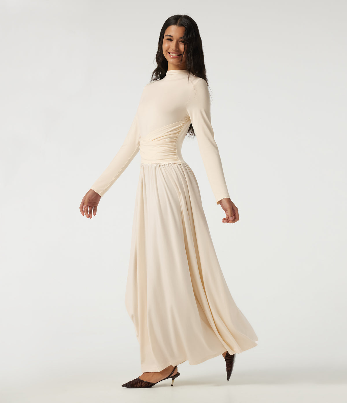 Mock Neck Long Sleeve Crossover Ruched A-Line Casual Maxi Dress — Arctic Wolf — view 3