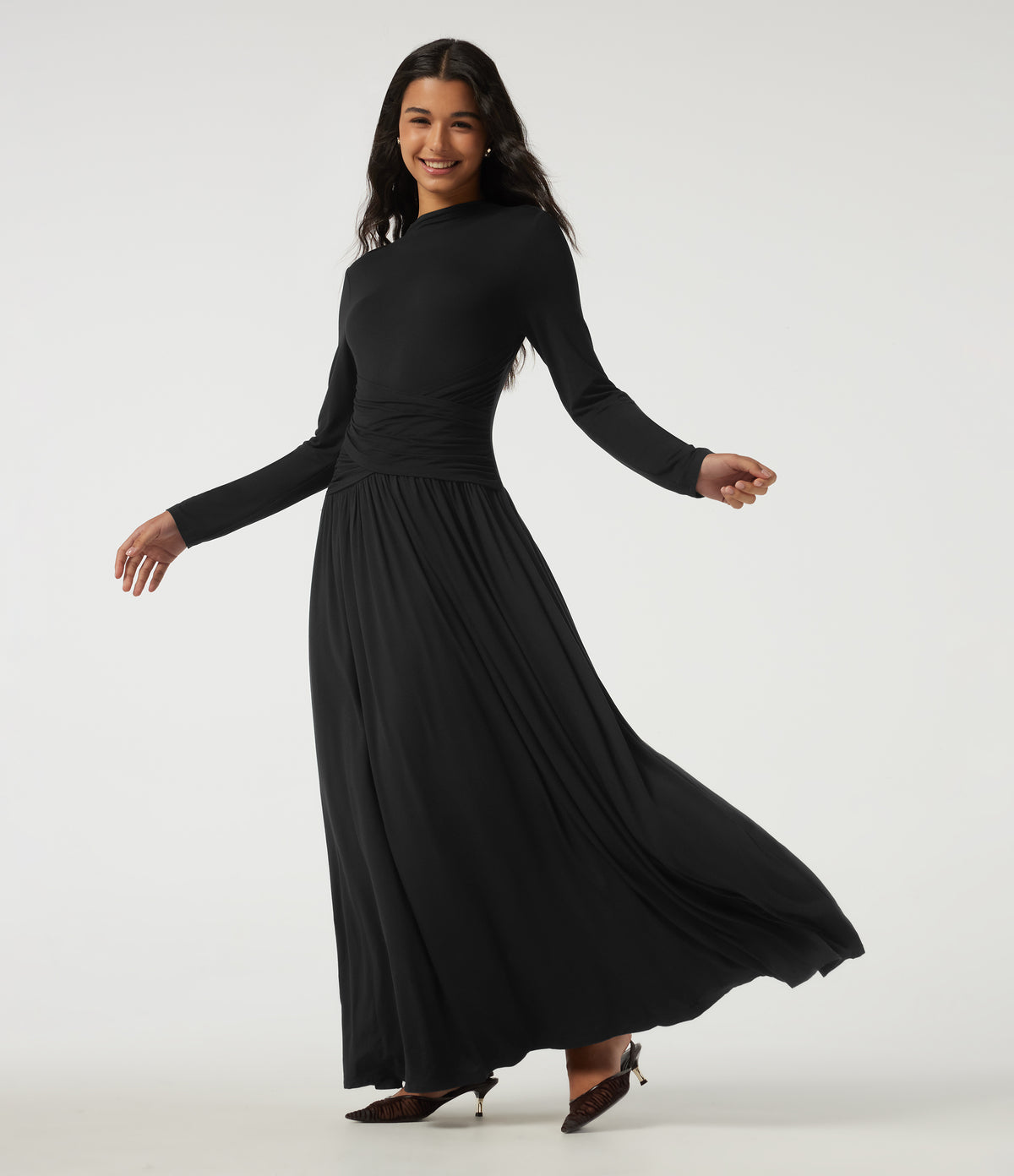 Mock Neck Long Sleeve Crossover Ruched A-Line Casual Maxi Dress — Black — view 6