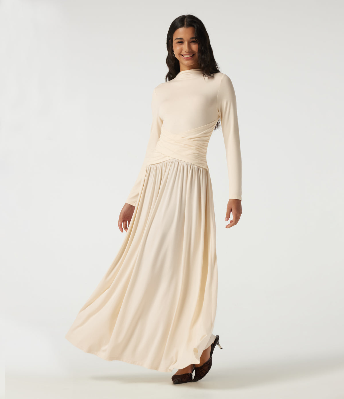Mock Neck Long Sleeve Crossover Ruched A-Line Casual Maxi Dress — Arctic Wolf — view 1