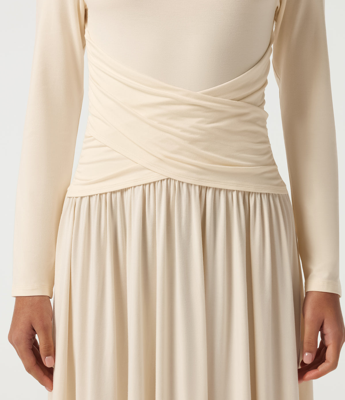 Mock Neck Long Sleeve Crossover Ruched A-Line Casual Maxi Dress — Arctic Wolf — view 4
