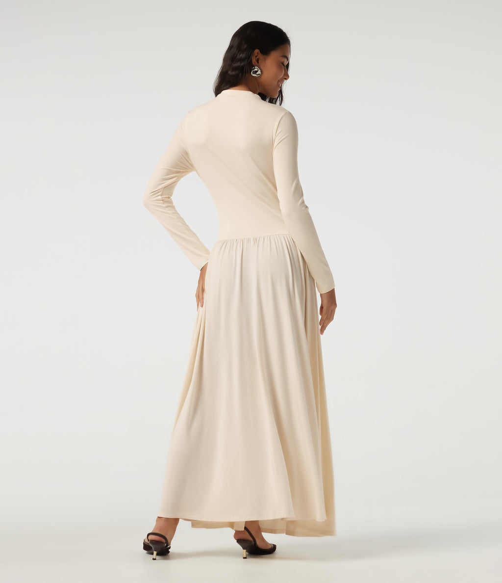 Mock Neck Long Sleeve Crossover Ruched A-Line Casual Maxi Dress — Arctic Wolf — view 2