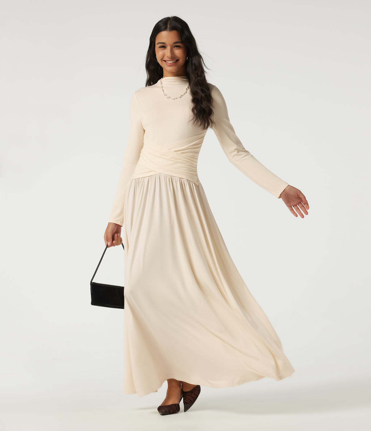 Mock Neck Long Sleeve Crossover Ruched A-Line Casual Maxi Dress — Arctic Wolf — view 5