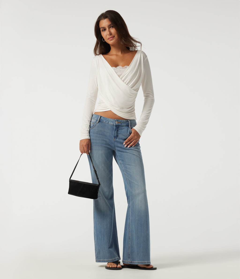 Ribbed V Neck Long Sleeve Crossover Ruched Contrast Lace Casual Top — White — view 6