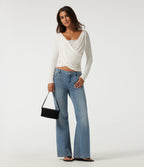 Ribbed V Neck Long Sleeve Crossover Ruched Contrast Lace Casual Top — White — view 6