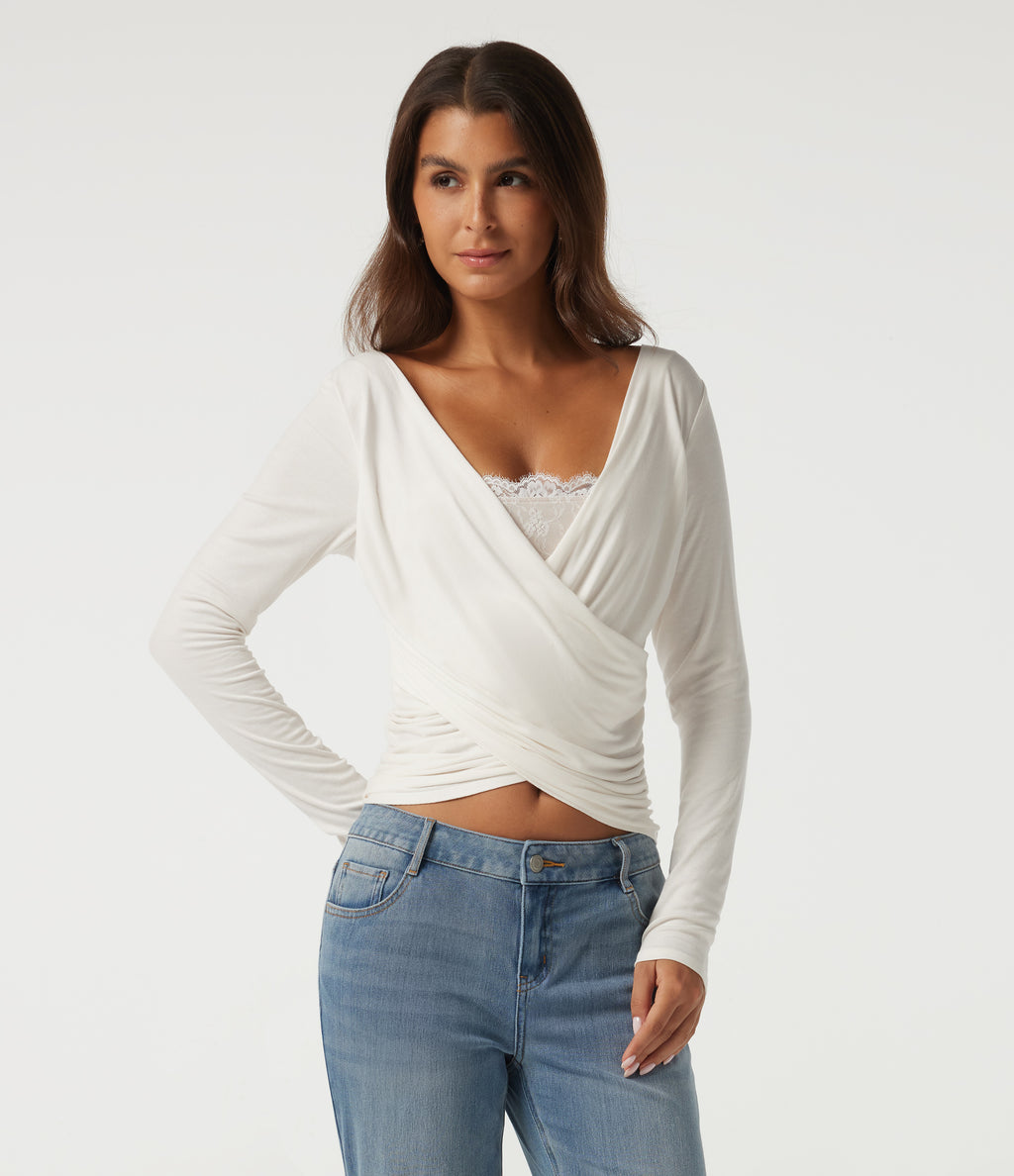 Ribbed V Neck Long Sleeve Crossover Ruched Contrast Lace Casual Top — White — view 4