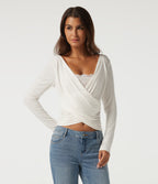 Ribbed V Neck Long Sleeve Crossover Ruched Contrast Lace Casual Top — White — view 4