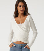 Ribbed V Neck Long Sleeve Crossover Ruched Contrast Lace Casual Top — White — view 1