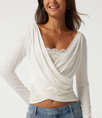 Ribbed V Neck Long Sleeve Crossover Ruched Contrast Lace Casual Top — White — view 5