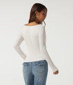 Ribbed V Neck Long Sleeve Crossover Ruched Contrast Lace Casual Top — White — view 2