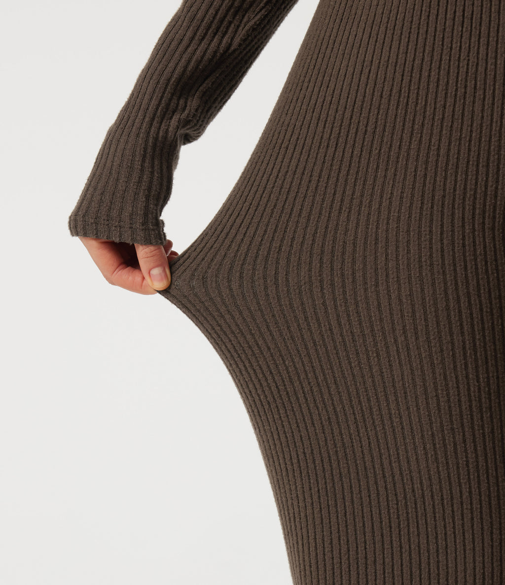 Ribbed Knit Mid Rise Straight Leg Casual Trousers — Field Brown — view 6