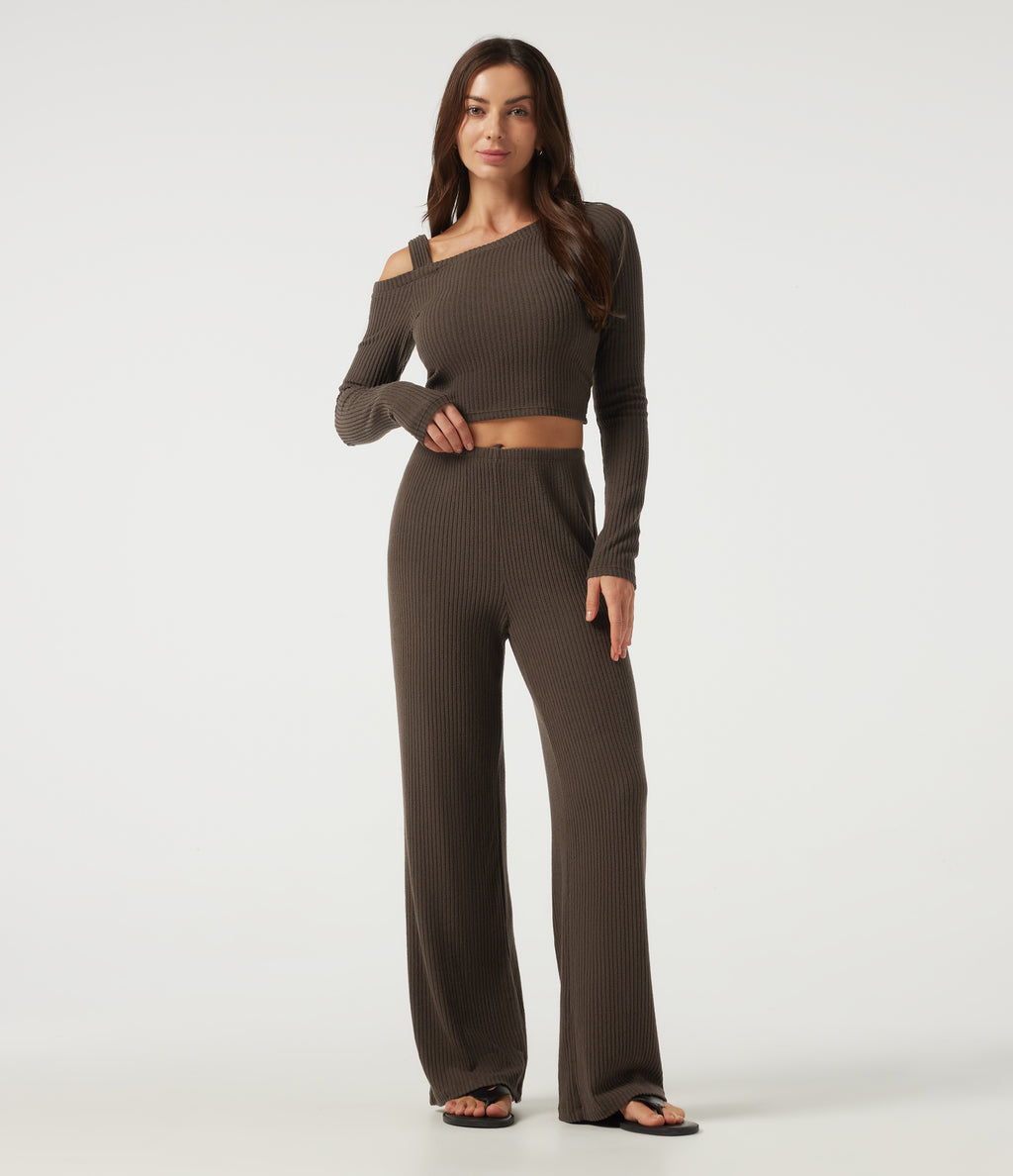 Ribbed Knit Mid Rise Straight Leg Casual Trousers — Field Brown — view 7