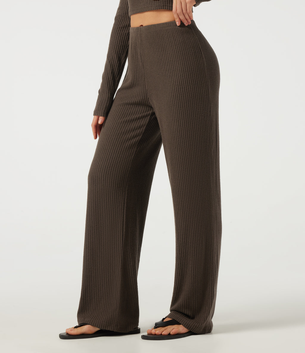 Ribbed Knit Mid Rise Straight Leg Casual Trousers — Field Brown — view 1