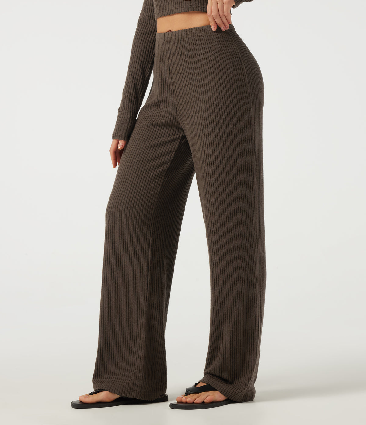 Ribbed Knit Mid Rise Straight Leg Casual Trousers — Field Brown — view 1