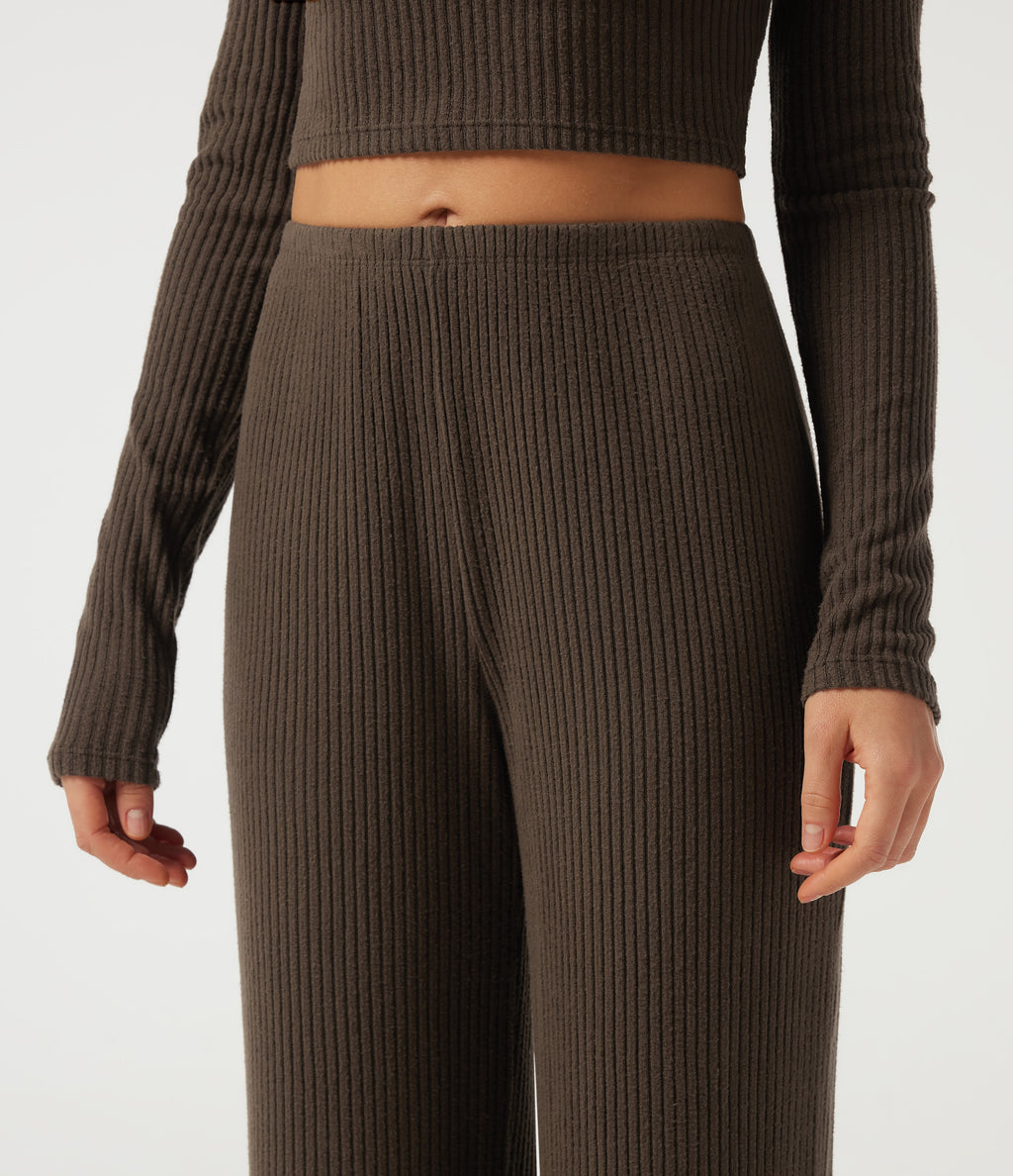 Ribbed Knit Mid Rise Straight Leg Casual Trousers — Field Brown — view 4
