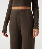 Ribbed Knit Mid Rise Straight Leg Casual Trousers — Field Brown — view 4
